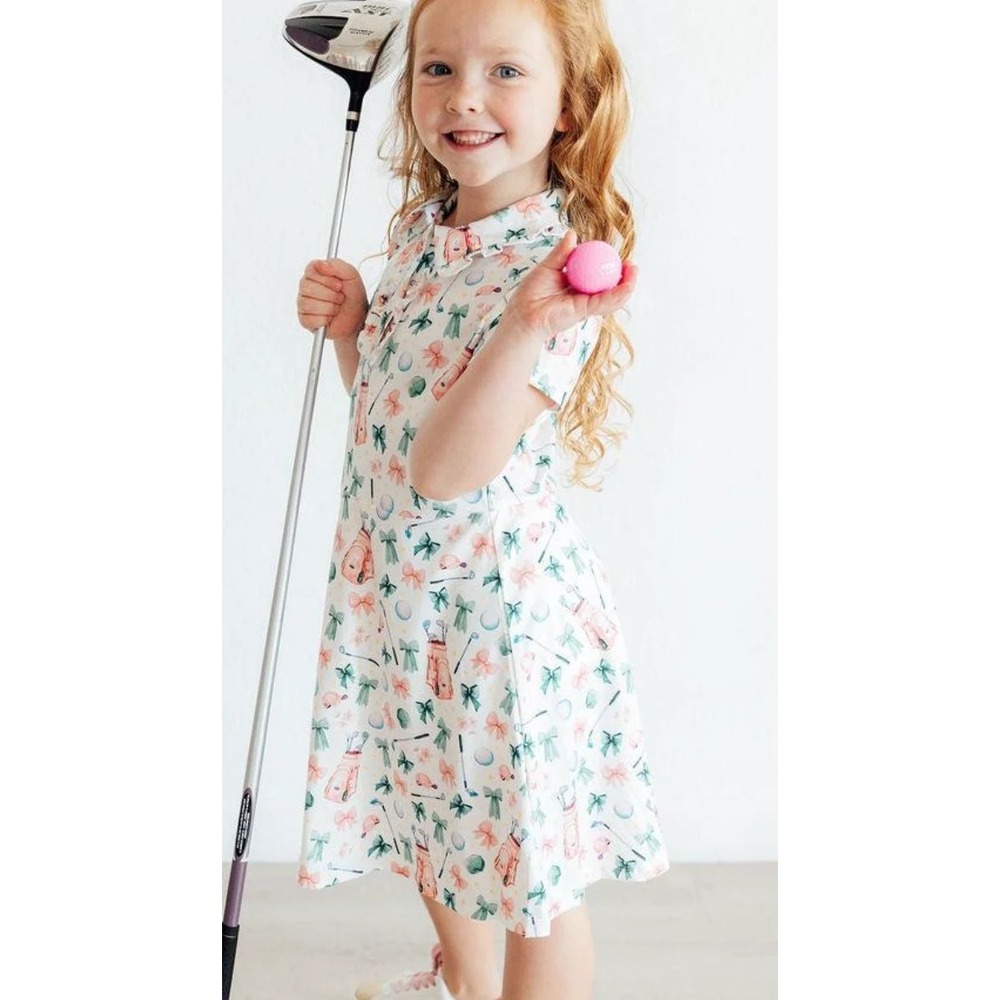 Mila & Rose Girls Golf Print Polo Dress Pink Green Bows Short Sleeve